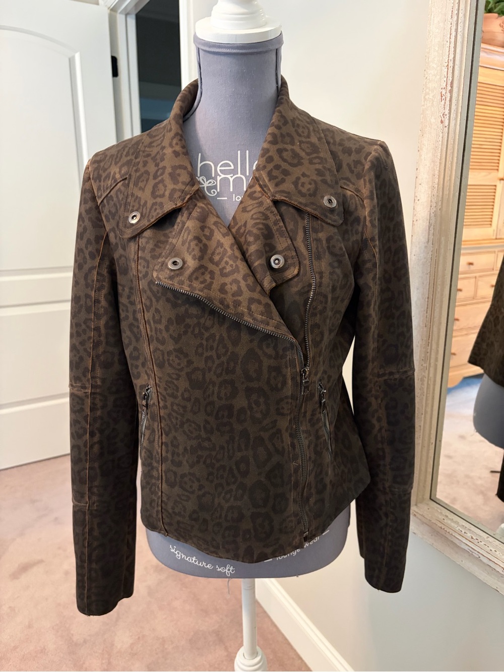 Leopard Print Faux Leather Moto Jacket - Brown